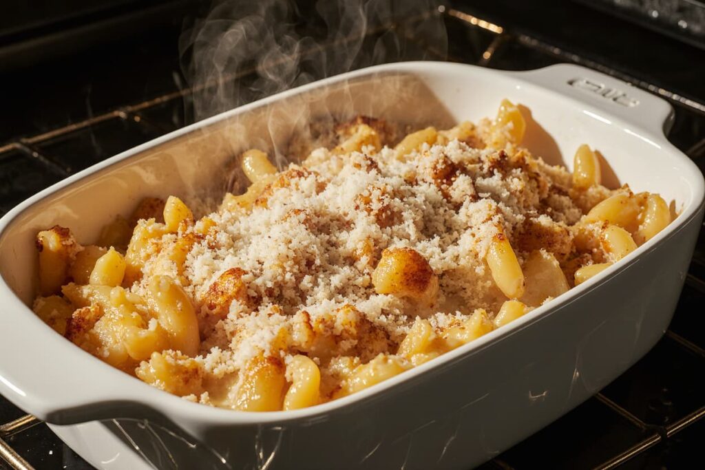 Baked macaroni and cheese with golden crust Macaroni and Three Cheeses Recipe in a baking dish topped with breadcrumbs and Parmesan, baked until crispy
