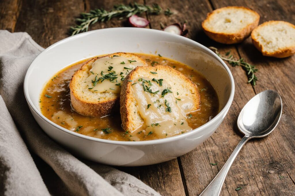 ultra realistic close up of a steaming bowl of french onion soup served in a white ceramic bowl top 18mkwhs6mcvxr5spq5wk 3