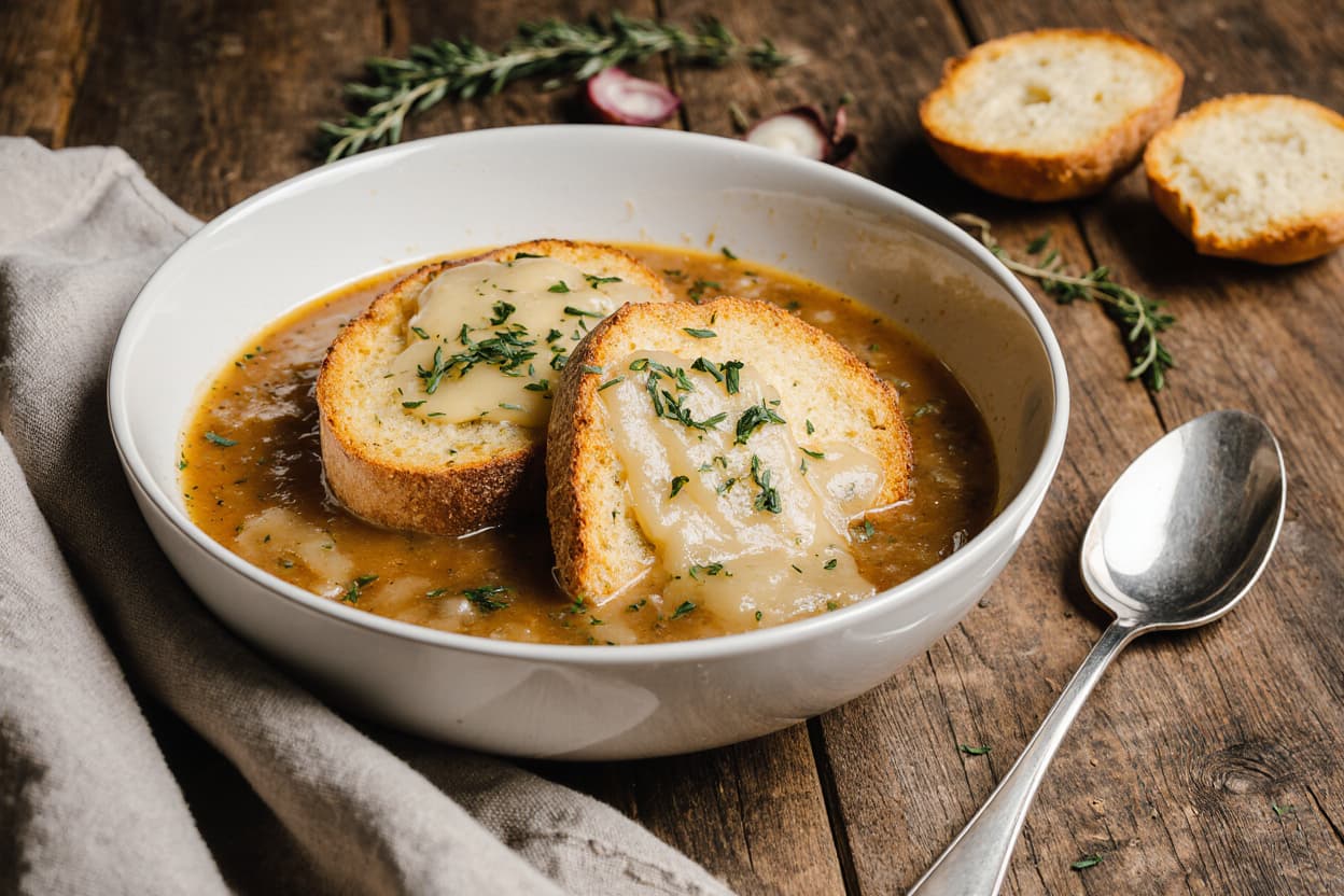 ultra realistic close up of a steaming bowl of french onion soup served in a white ceramic bowl top 18mkwhs6mcvxr5spq5wk 3
