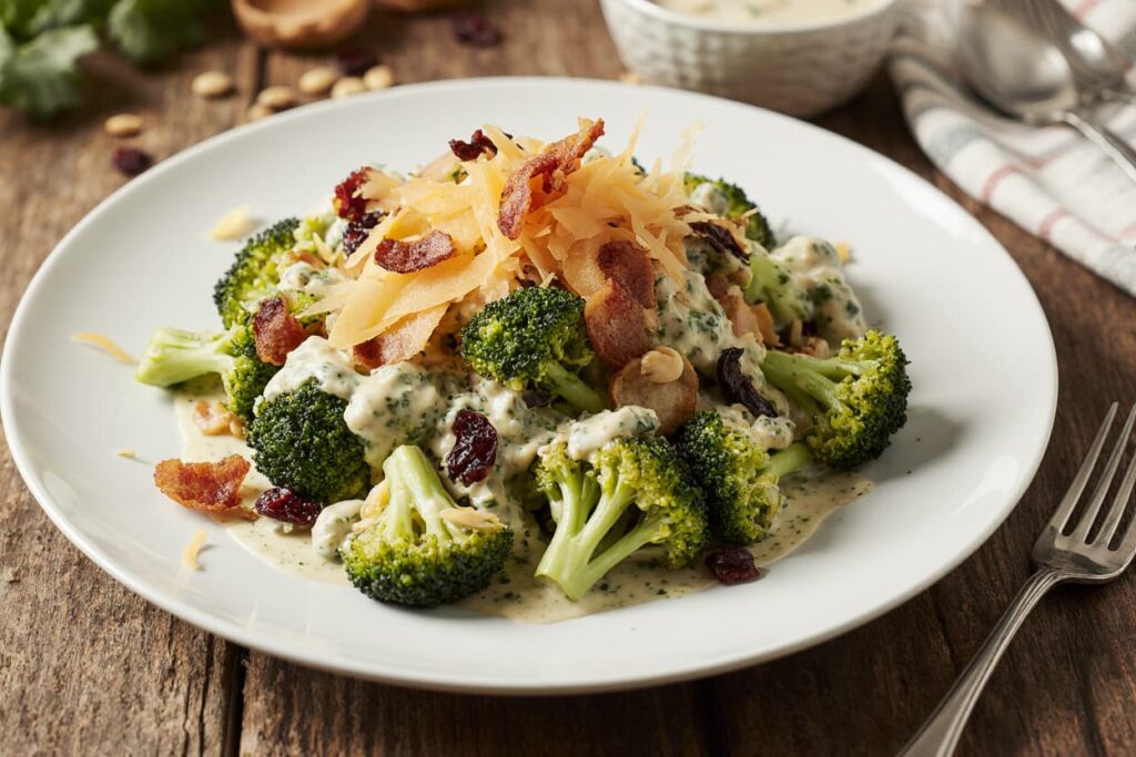 Loaded Broccoli Salad with bacon, cheddar, cranberries, and creamy dressing