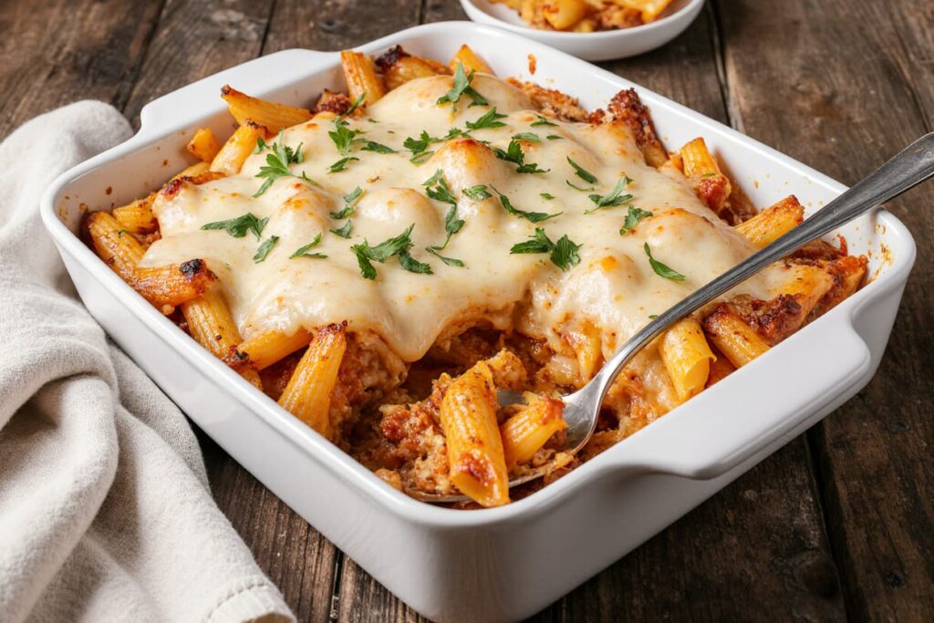 Cottage Cheese Baked Ziti with marinara sauce and mozzarella