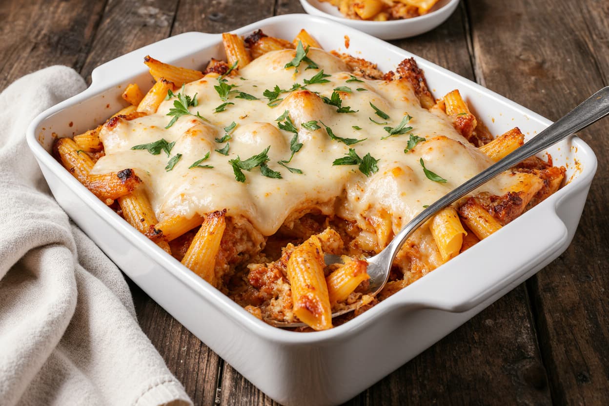 Cottage Cheese Baked Ziti with marinara sauce and mozzarella