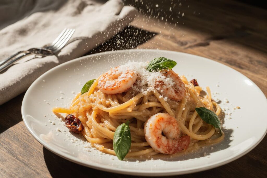 Close-up of Marry Me Shrimp Pasta with linguine, shrimp, creamy Parmesan sauce, and fresh basil on a white plate