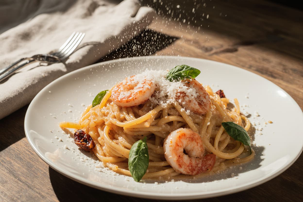 Close-up of Marry Me Shrimp Pasta with linguine, shrimp, creamy Parmesan sauce, and fresh basil on a white plate