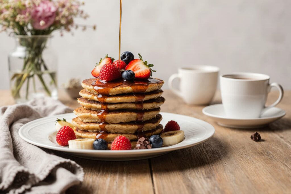 Stack of fluffy buttermilk pancakes with maple syrup and berries
