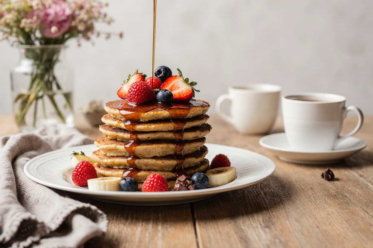 Stack of fluffy buttermilk pancakes with maple syrup and berries