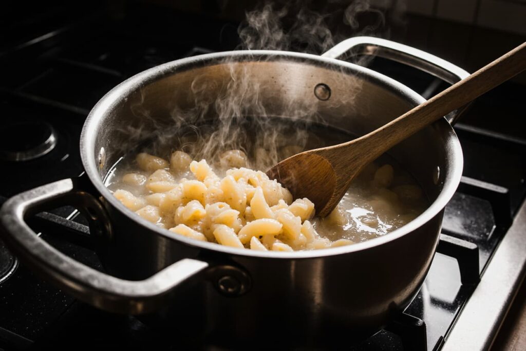 Melting butter in a saucepan for roux Macaroni and Three Cheeses Recipe step 1 – elbow pasta boiling in salted water