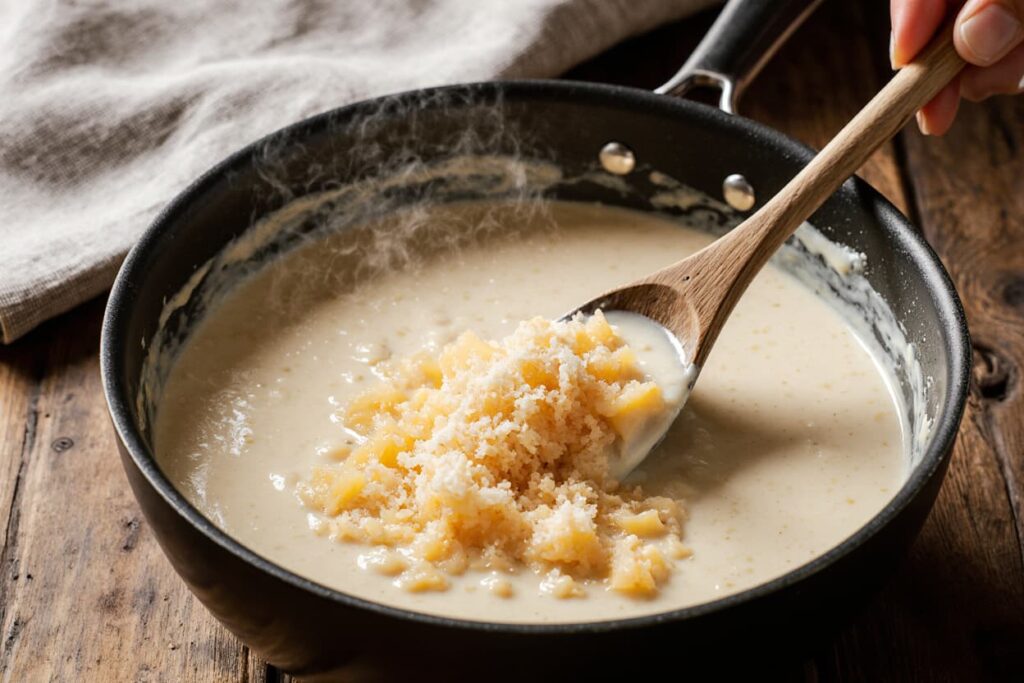 Adding cheeses to béchamel sauce Adding cheese to Macaroni and Three Cheeses Recipe sauce with Cheddar, Gruyère, and Parmesan