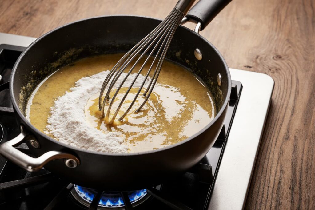 Whisking warm milk into roux for béchamel Warm milk being whisked into roux to create a creamy béchamel sauce