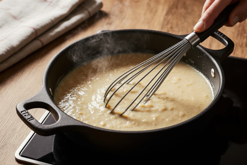 Whisking butter and flour into roux Butter and flour being whisked into a golden roux in a saucepan