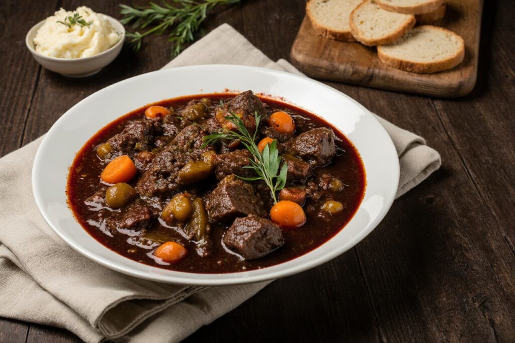 Beef stew in red wine sauce in a matte black Dutch oven with carrots and thyme on a dark wooden surface.