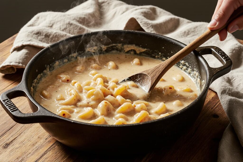 Mixing macaroni with cheese sauce Macaroni and cheese in a baking dish topped with breadcrumbs and Parmesan, just out of the oven