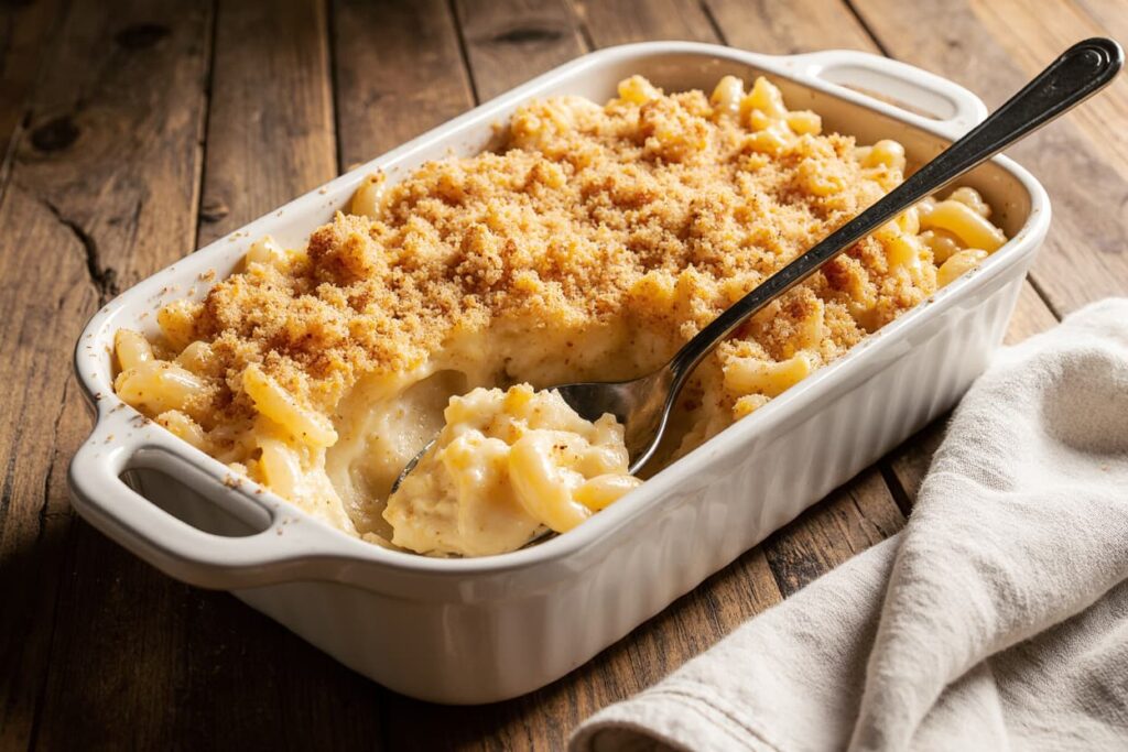 Macaroni and Three Cheeses Recipe baked with golden crust and parsley in a white ceramic dish