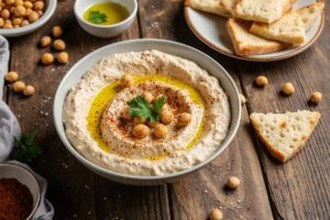 Creamy hummus topped with olive oil and paprika, served with warm pita bread