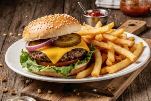 Classic cheeseburger with fries on a wooden board