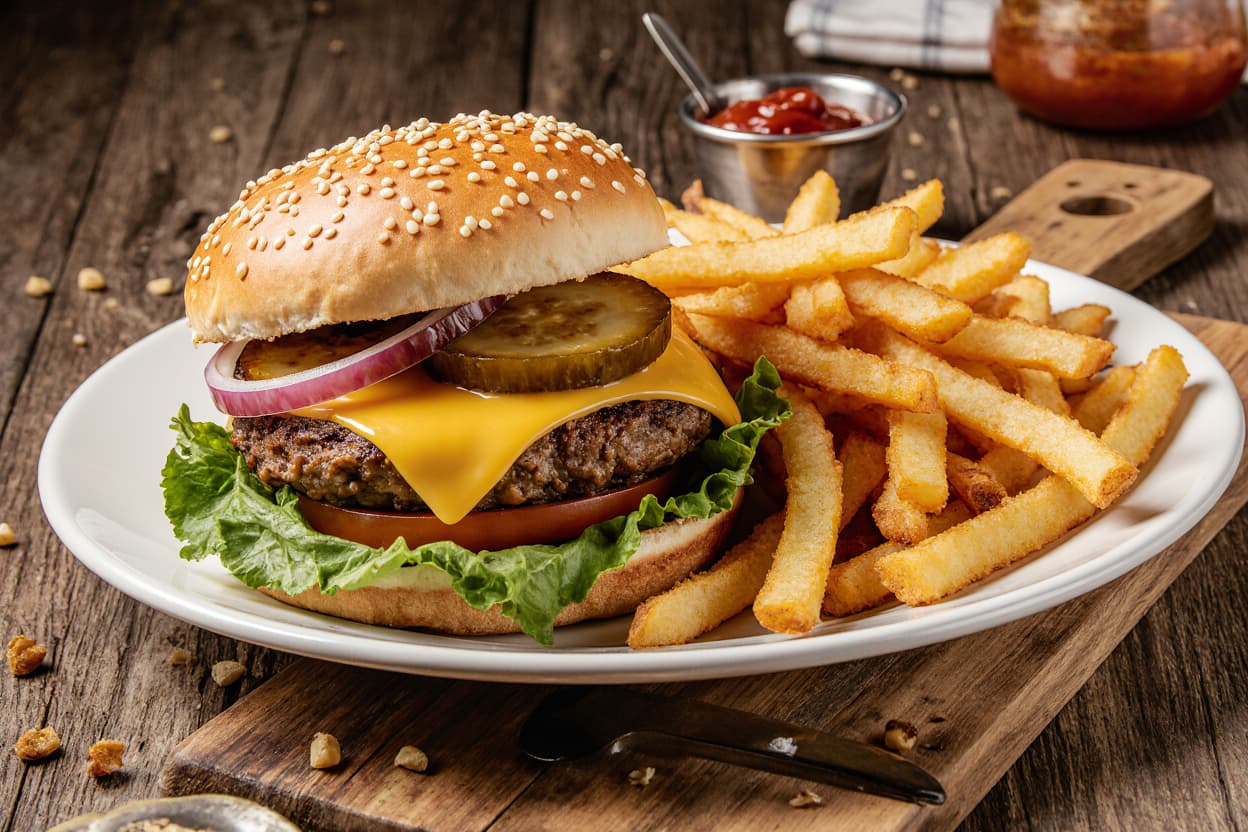 Classic cheeseburger with fries on a wooden board