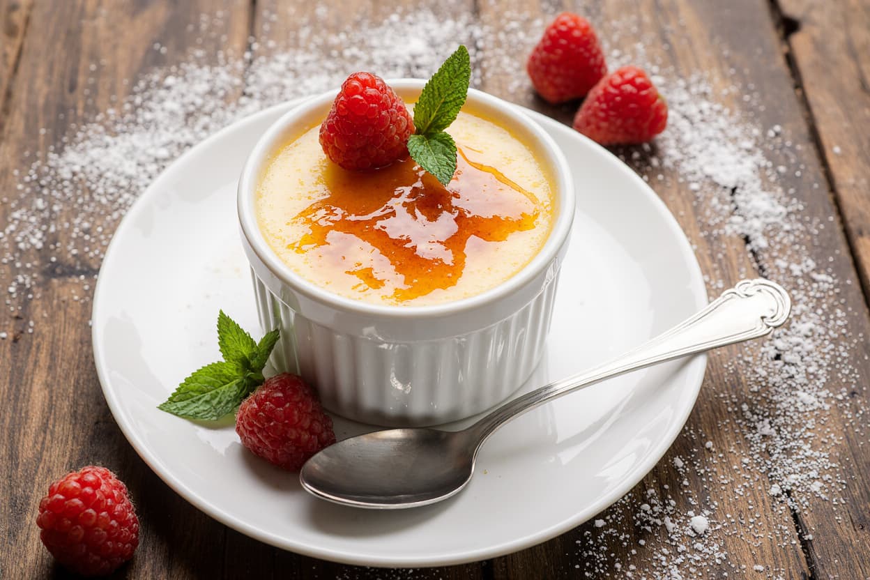 Crème brûlée in a ceramic ramekin with a caramelized sugar crust