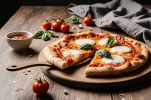 Margherita pizza on a wooden board