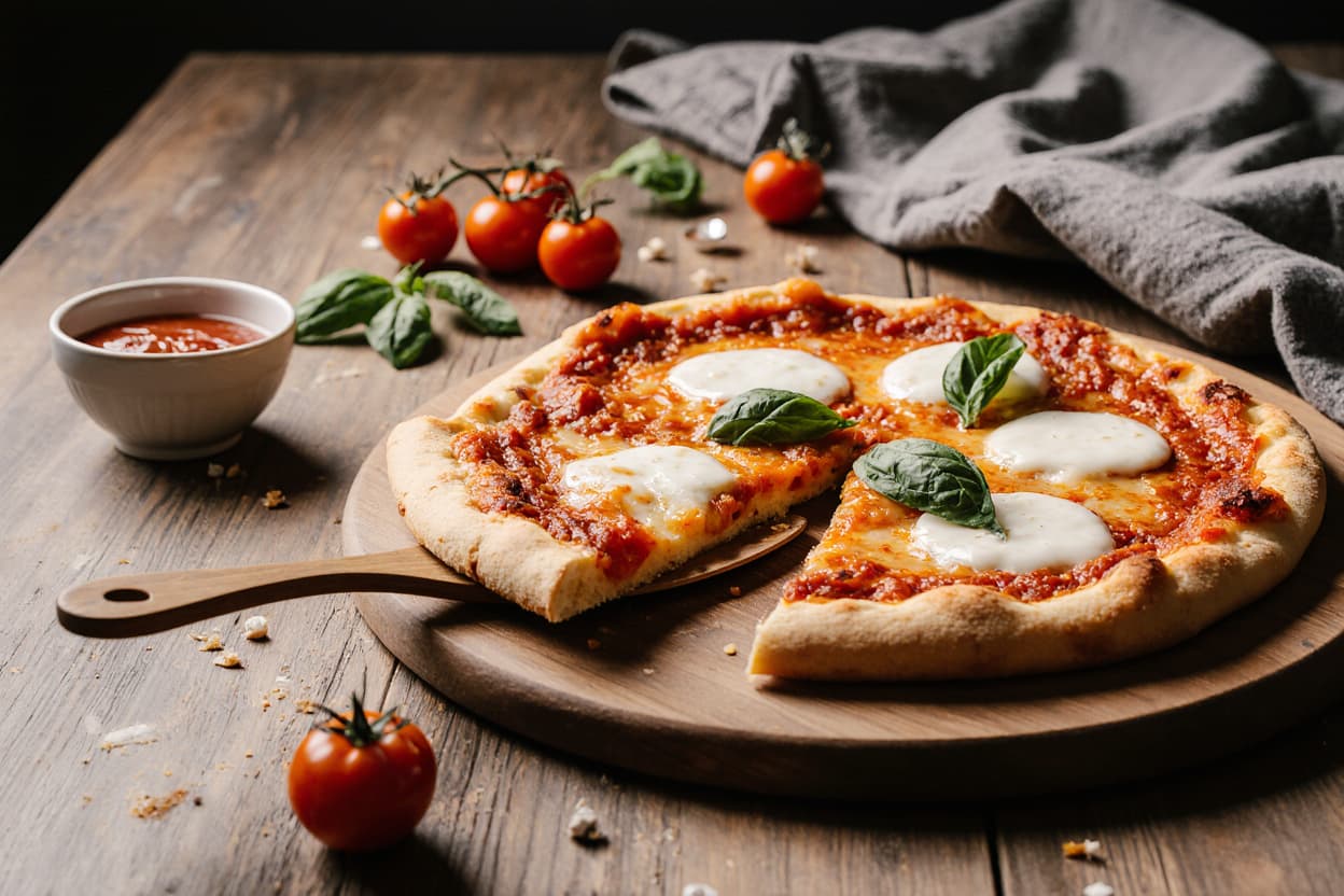 Margherita pizza on a wooden board