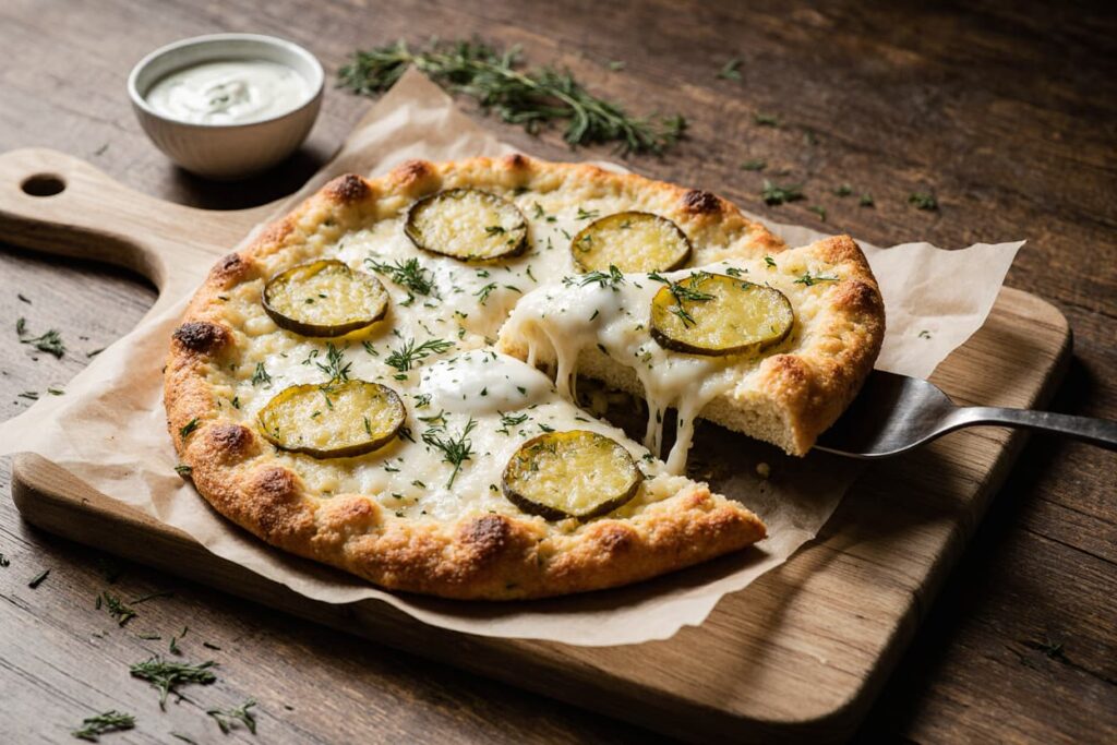 Pickle Pizza topped with mozzarella, cream cheese, dill pickles, and fresh dill