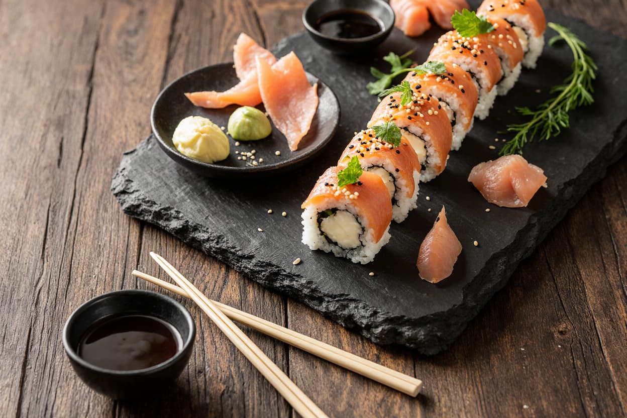 Assorted sushi platter with fresh rolls and nigiri