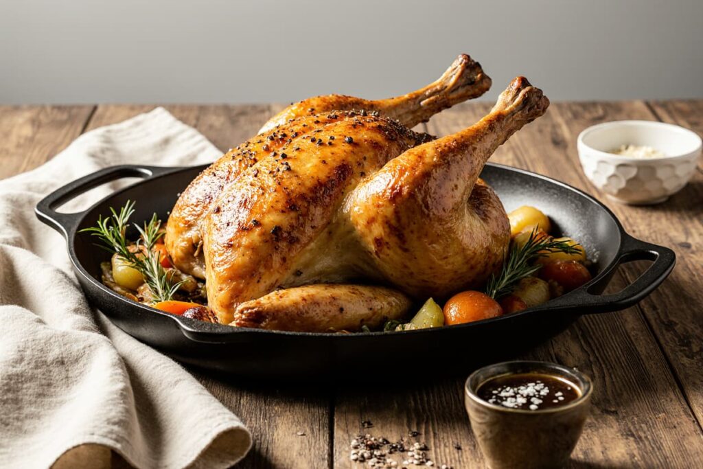 Julia Child’s Roast Chicken with golden crispy skin, herbs, and vegetables