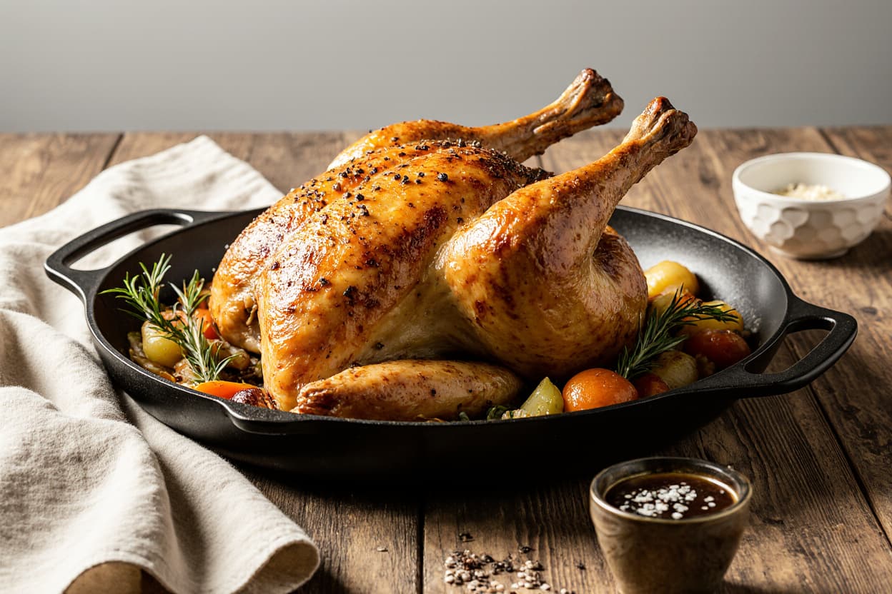 Julia Child’s Roast Chicken with golden crispy skin, herbs, and vegetables