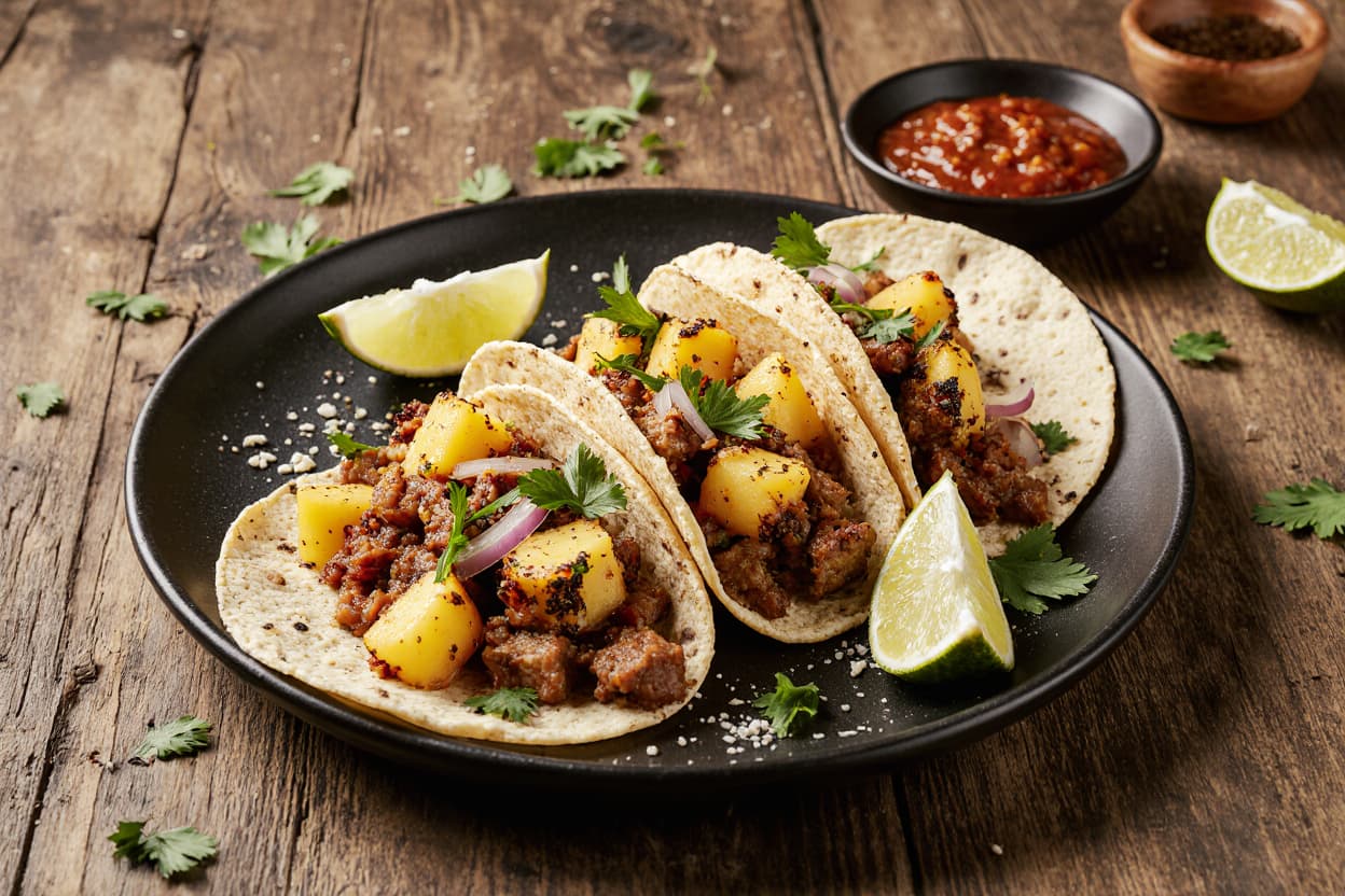 Tacos al pastor with marinated pork, pineapple, and lime
