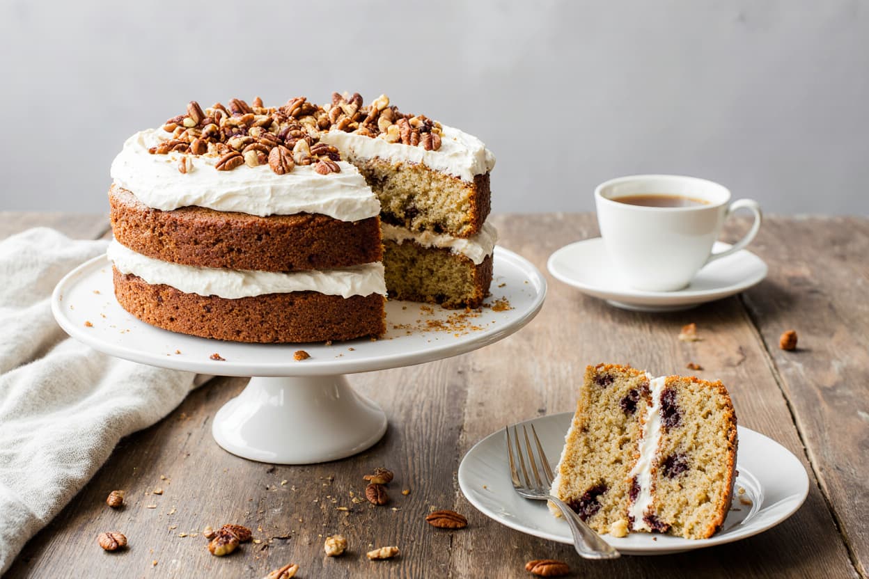 Classic Hummingbird Cake with bananas, pineapple, pecans, and cream cheese frosting