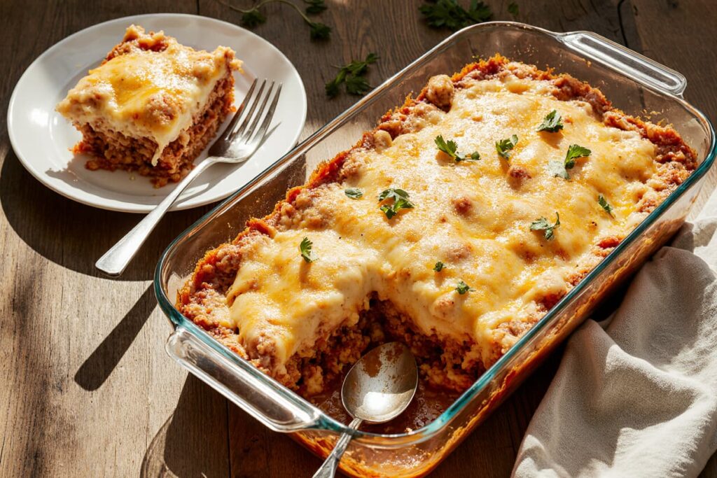 Classic Johnny Marzetti Casserole with pasta, beef, and melted cheese