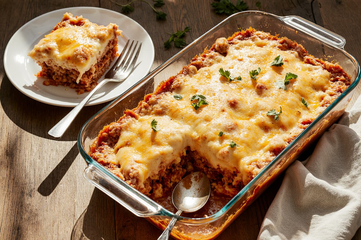 Classic Johnny Marzetti Casserole with pasta, beef, and melted cheese