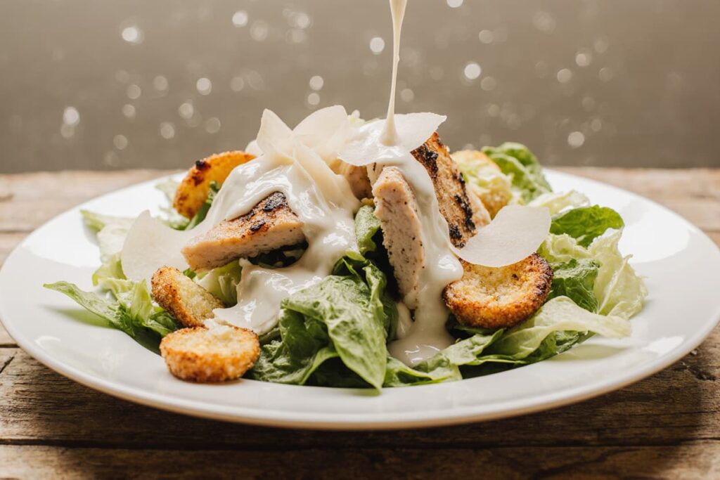 vibrant ultra realistic close up of a freshly made caesar salad on a white ceramic plate featuring 04du70m827bq4twp0b5e 6