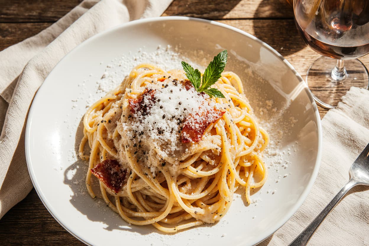 Creamy spaghetti carbonara with crispy pancetta, Parmesan cheese, and black pepper