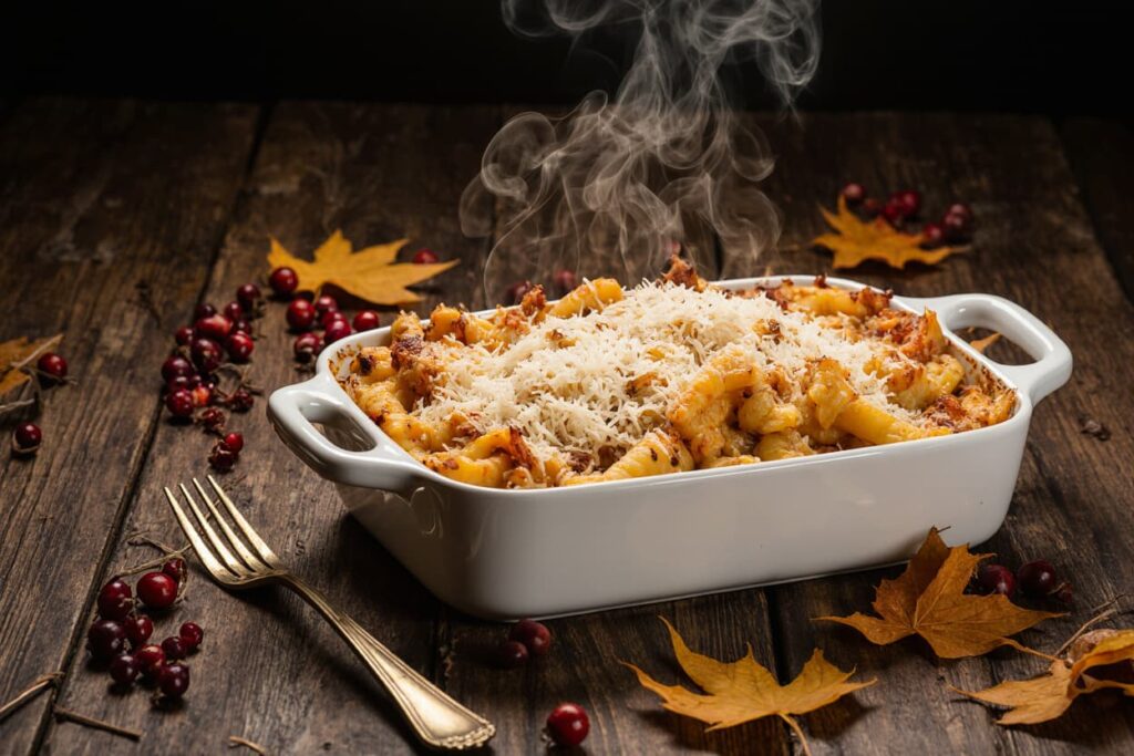 Baked ziti pasta casserole in a white ceramic baking dish with golden melted cheese, vintage brass fork, and subtle autumn leaves on a rustic wooden table — cozy Italian comfort food.