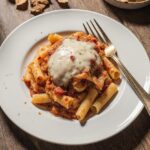 Close-up Serving of Baked Ziti — Cheesy Autumn Pasta