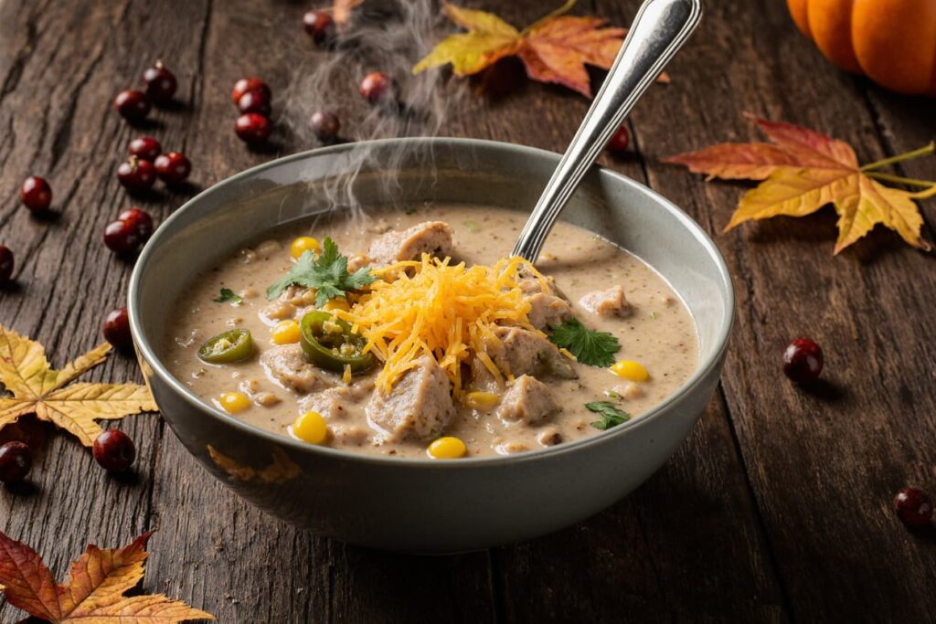 Creamy White Chicken Chili with beans, chicken, and green chiles