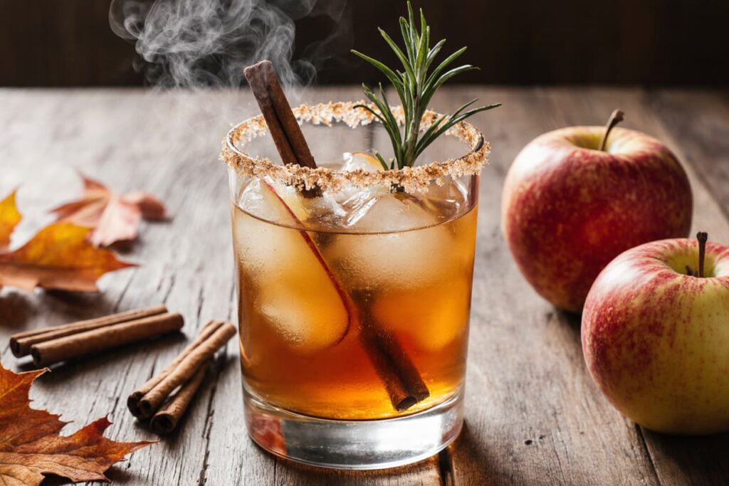 Smoky Harvest Apple Cider Margarita fall cocktail with apple cider and rosemary